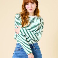 popeia Damen Sweater Langarmshirt Gestreift aus Bio-Baumwolle in grün/off-white