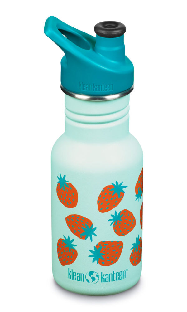 Klean Kanteen Kinder Trinkflasche einwandig 12 oz (355 ml) mit Sport Cap Blue Tint Strawberrys
